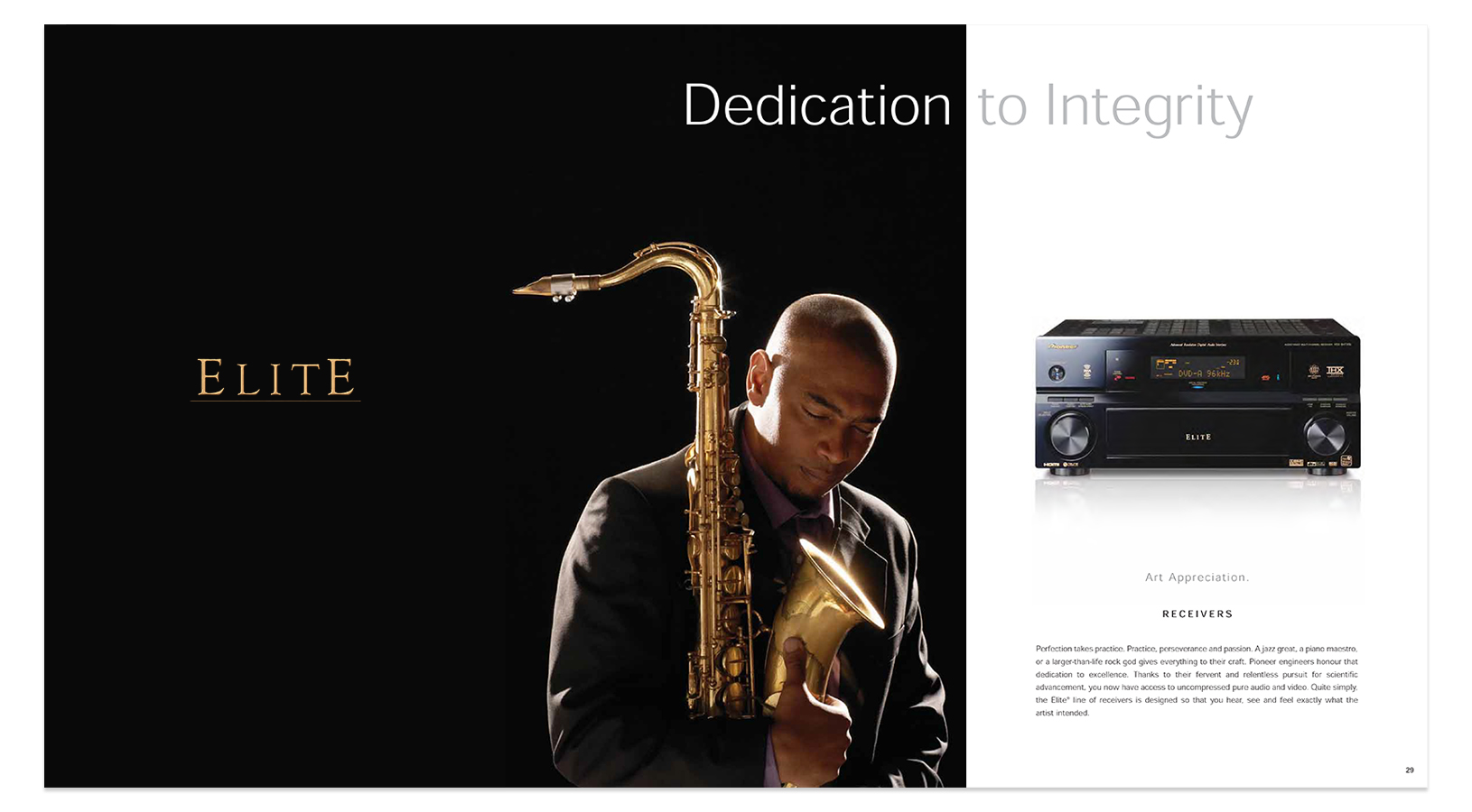 Page about Audio Receivers from Pioneer Elite Catalogue showing a saxophone player lit in high contrast to the black background