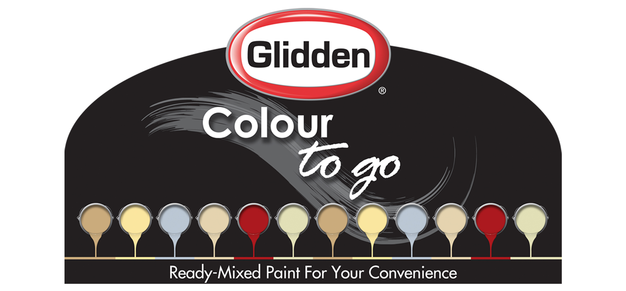 Glidden "Colour To Go" Signage Showing Multiple Cans of Paint each dripping a different paint colour.