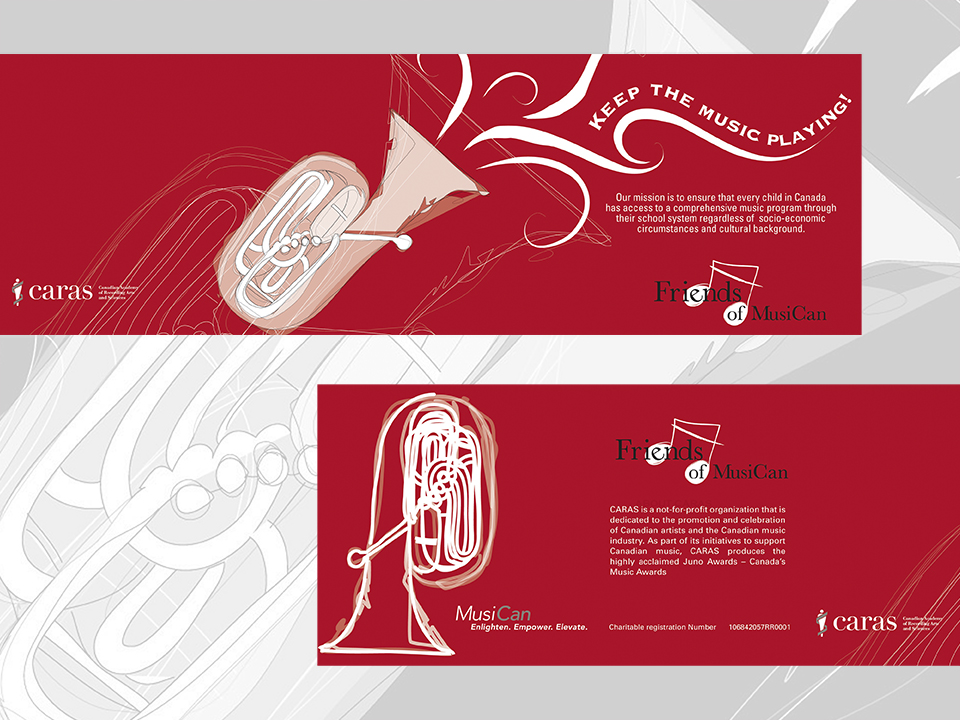 Friends Of MusiCan Brochure showing various brass musical instruments and music notes