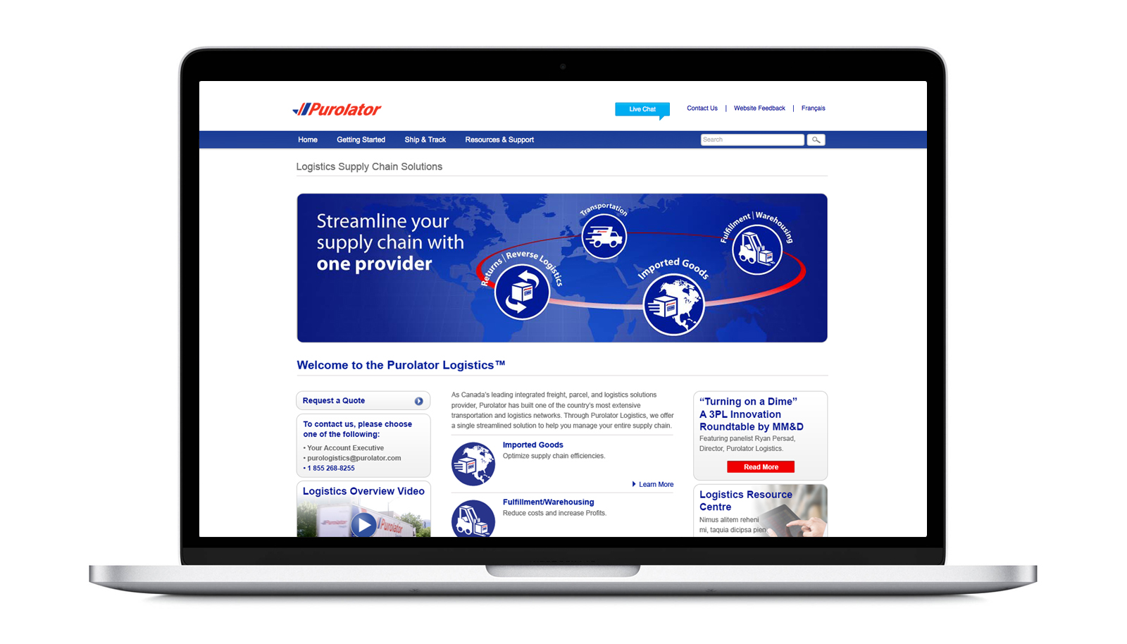 Purolator Logistics Website home page displayed on a laptop.